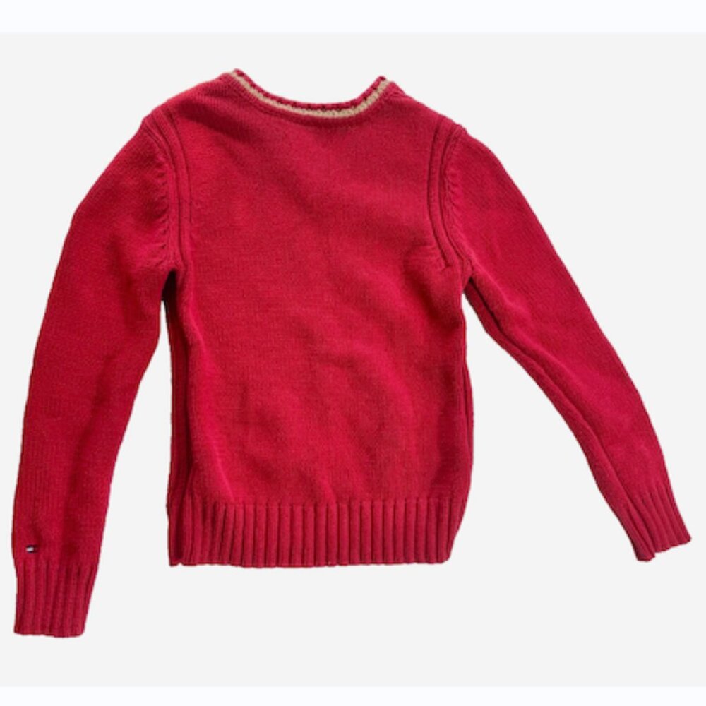 Vintage Tommy Hilfiger Jeans Red V-Neck Pullover Sweater Tan Trim Women’s M‎ - Picture 2 of 7